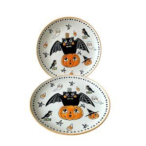 ELI & ANA Halloween Salad Plates 8in Creep Show Bat on Pumpkin Set of 4 New